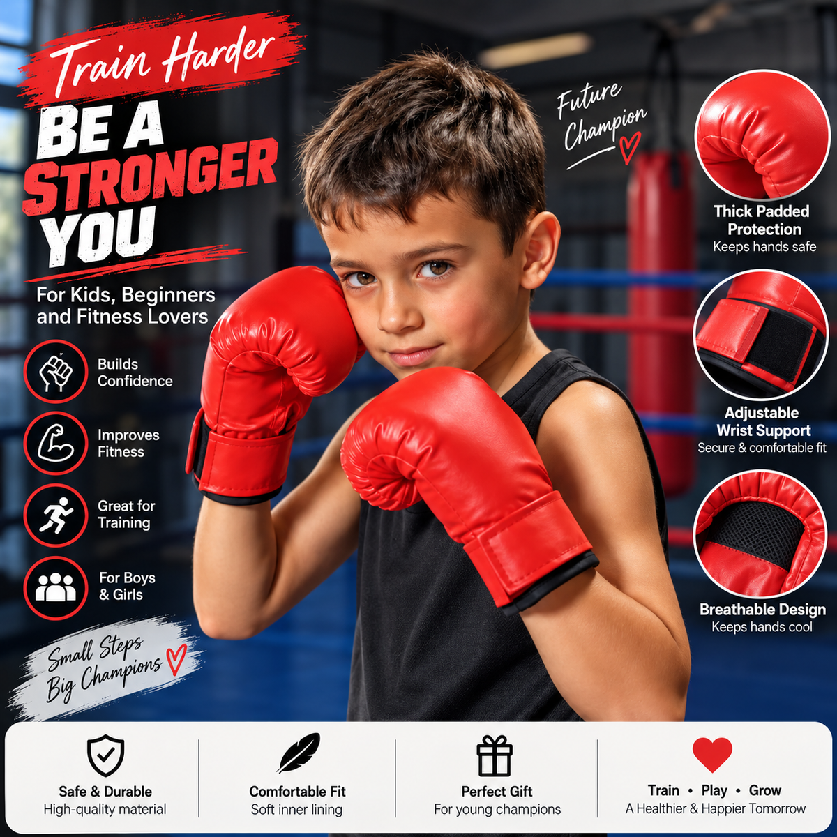 Sports Training Boxing Gloves with Padded Wrist Support for kids and adults too